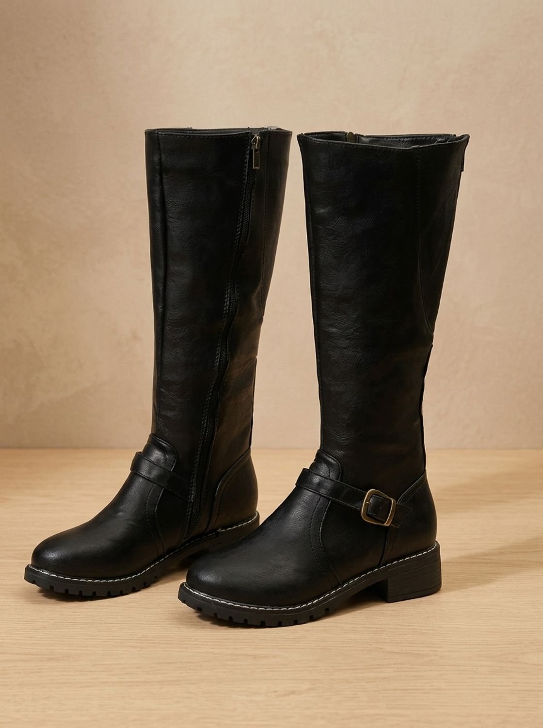 Women's Faux Leather Knee High Boots Buckle Side-Zip - Black