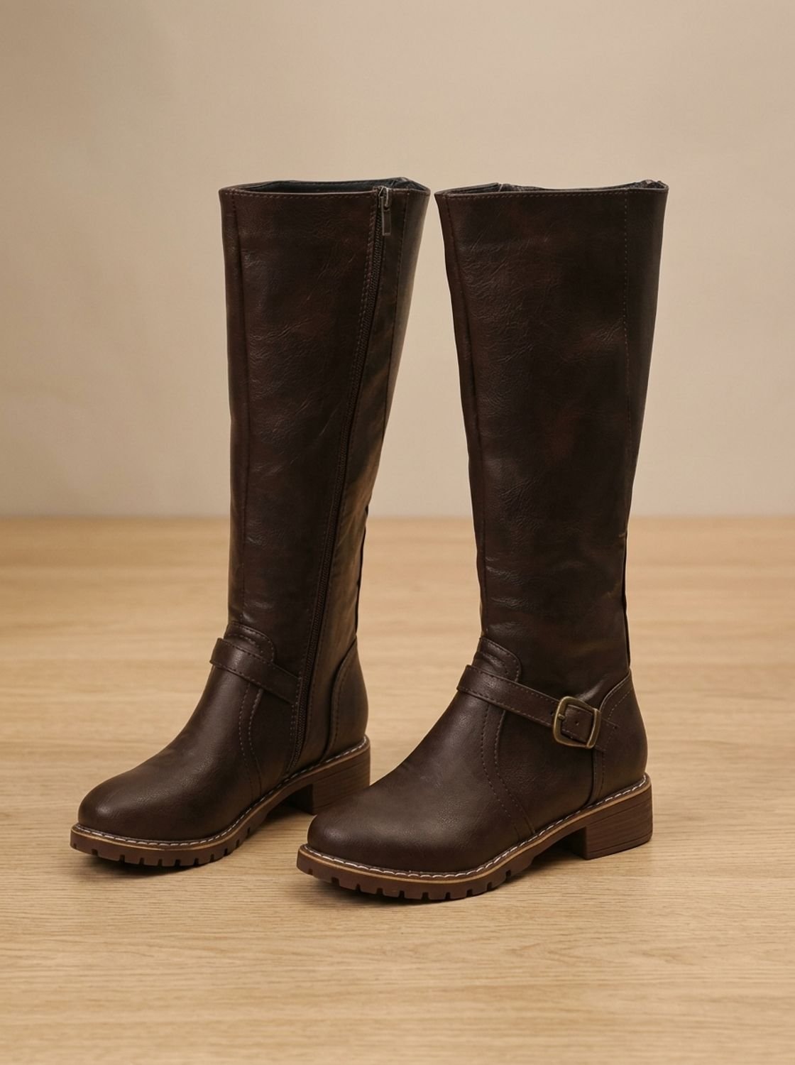 Women's Faux Leather Knee High Boots Buckle Side-Zip
