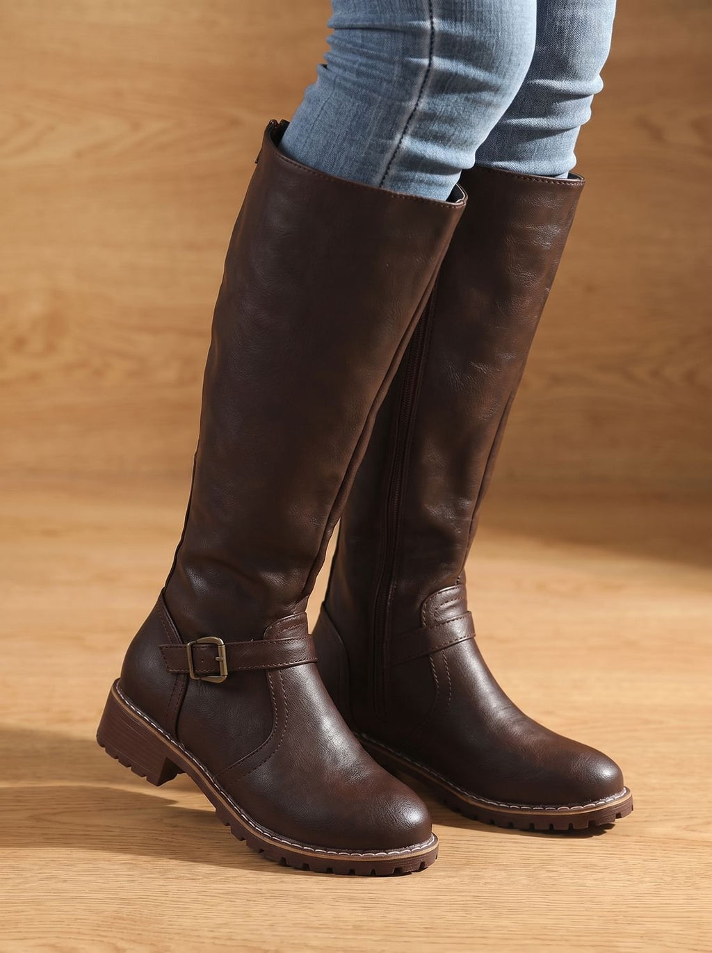 Women's Faux Leather Knee High Boots Buckle Side-Zip - Dark Brown