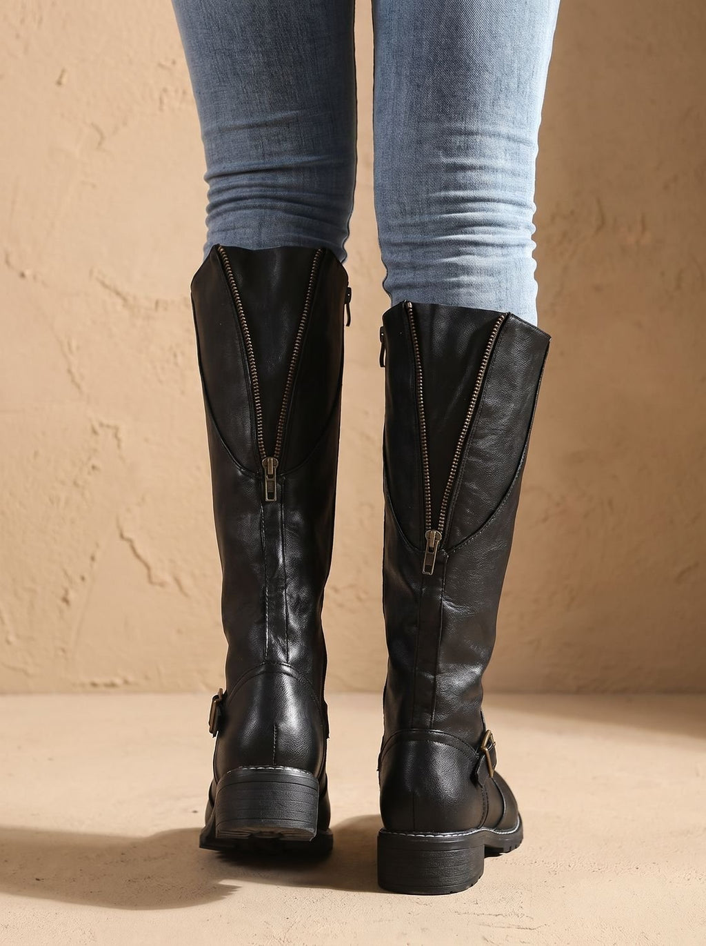 Women's Faux Leather Knee High Boots Buckle Side-Zip