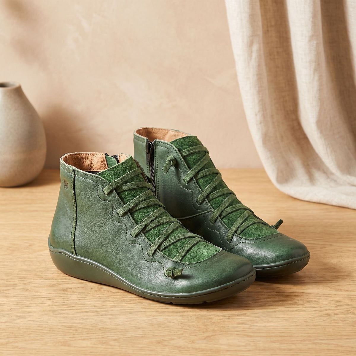 Women's Faux Leather Lace-Up Side-Zip Ankle Boots - Green