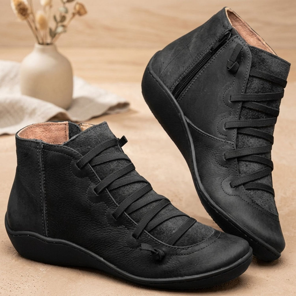 Women's Faux Leather Lace-Up Side-Zip Ankle Boots - Black