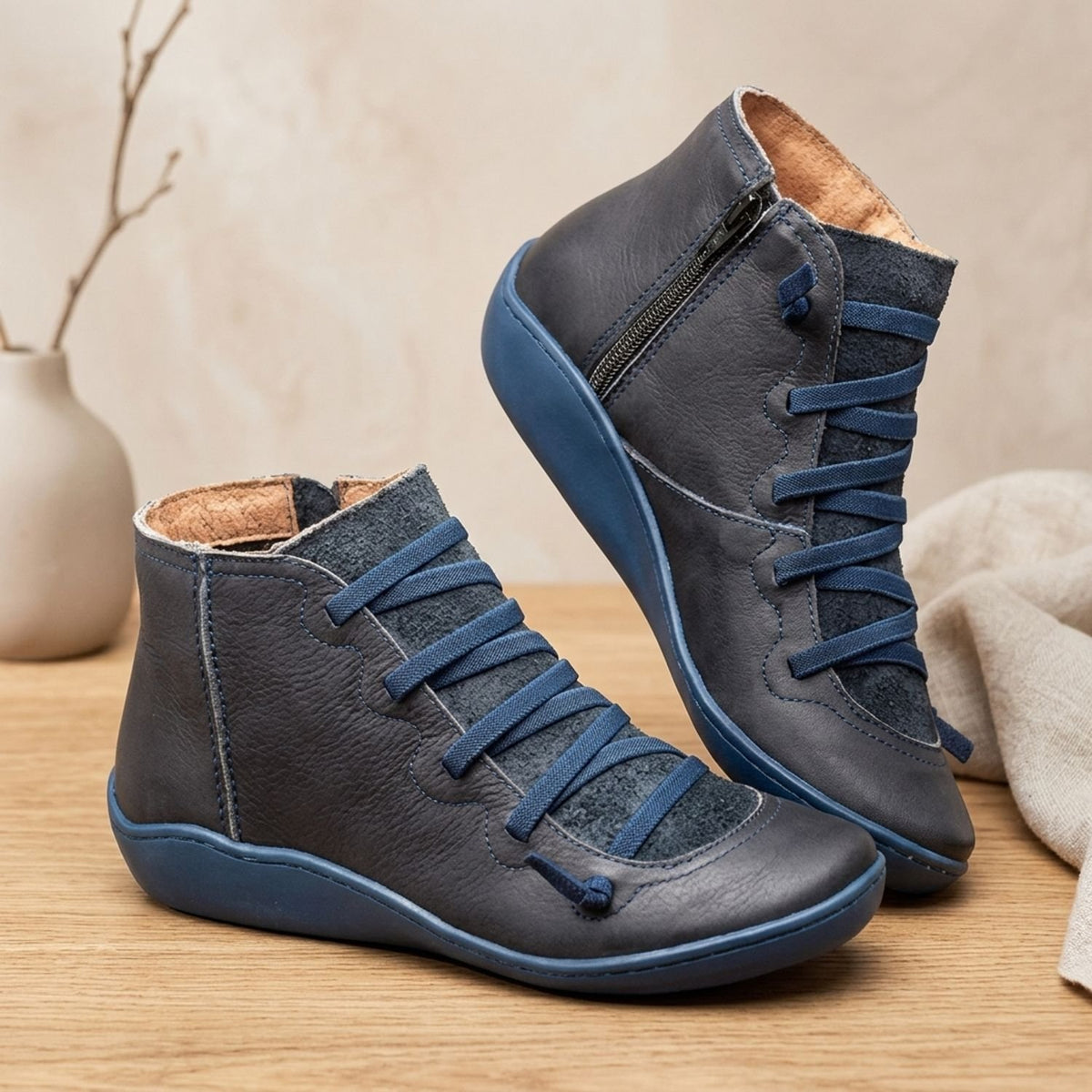 Women's Faux Leather Lace-Up Side-Zip Ankle Boots - Blue