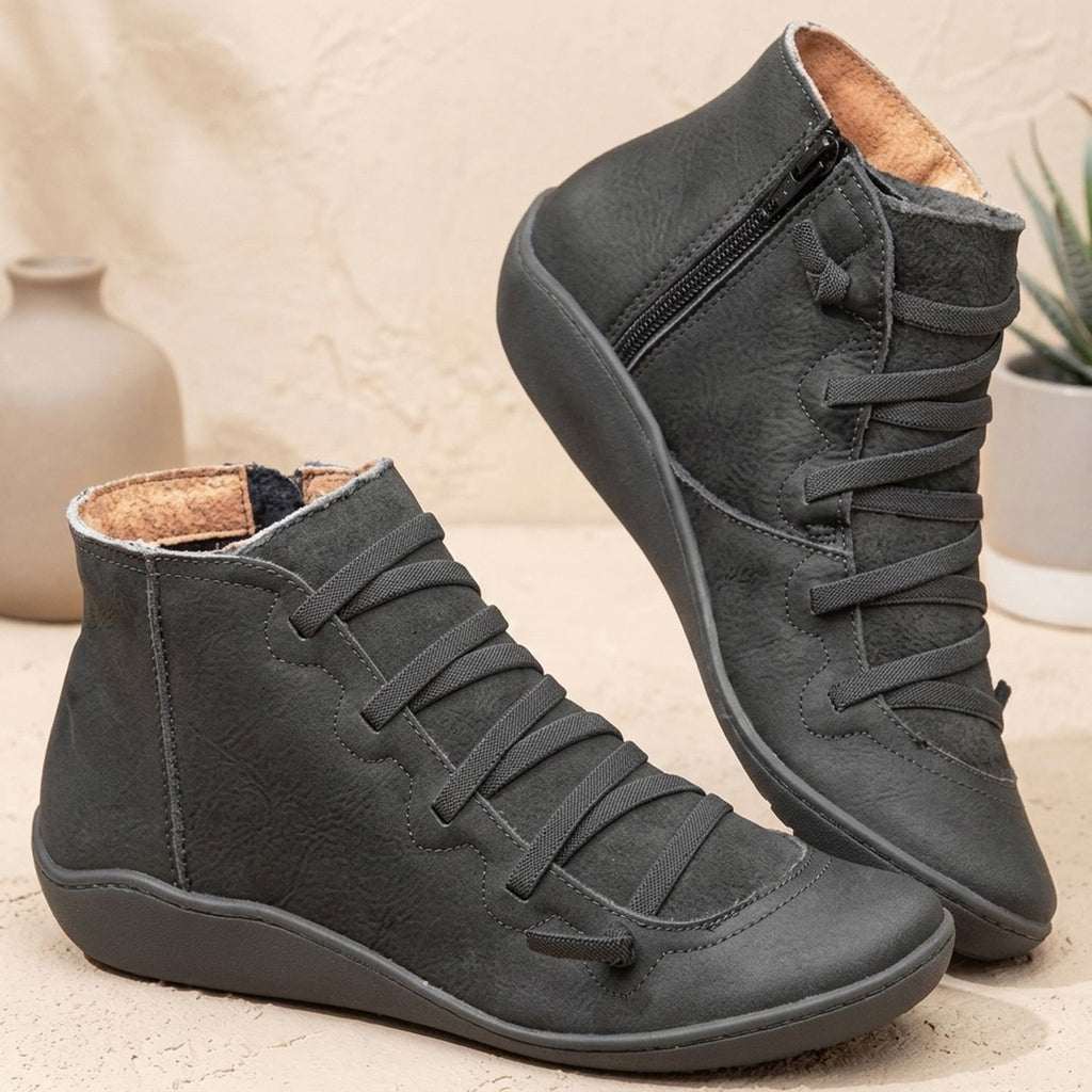 Women's Faux Leather Lace-Up Side-Zip Ankle Boots - Gray