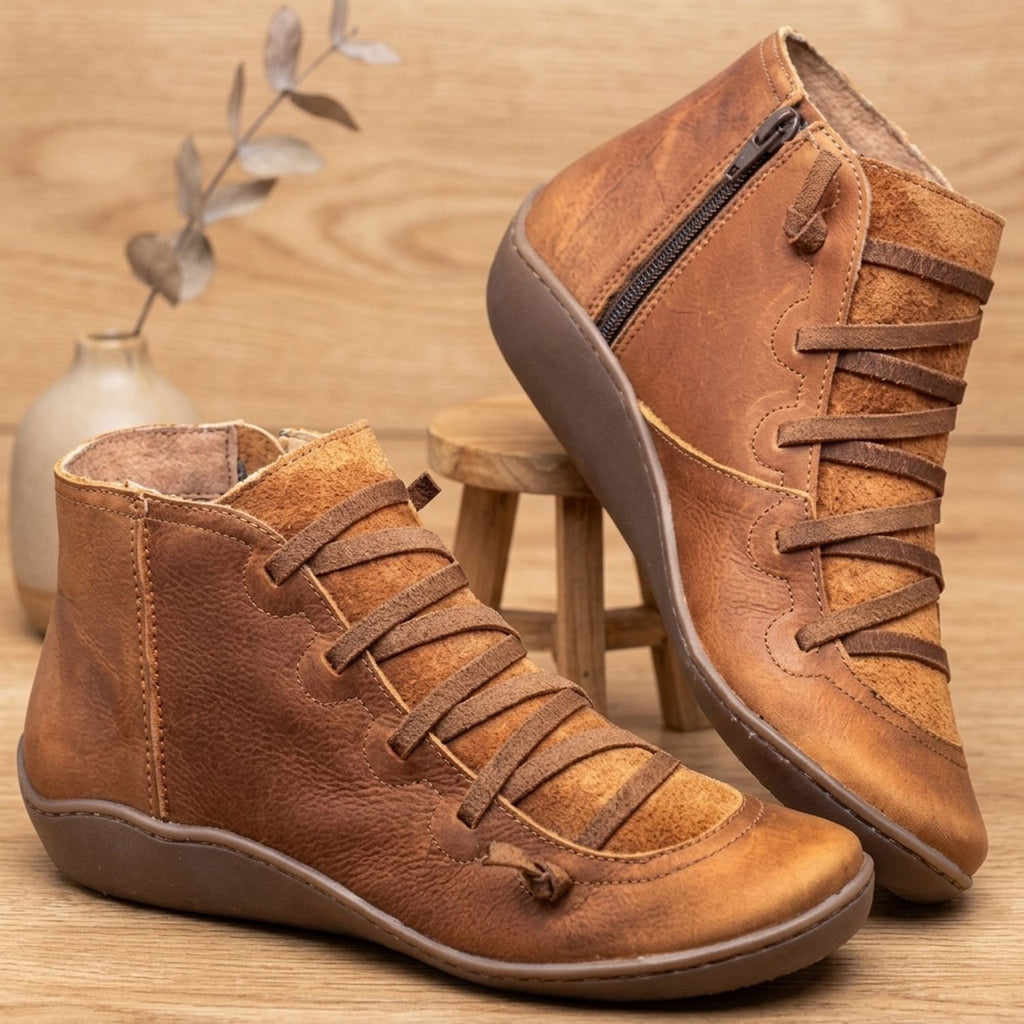 Women's Faux Leather Lace-Up Side-Zip Ankle Boots - Rust Brown