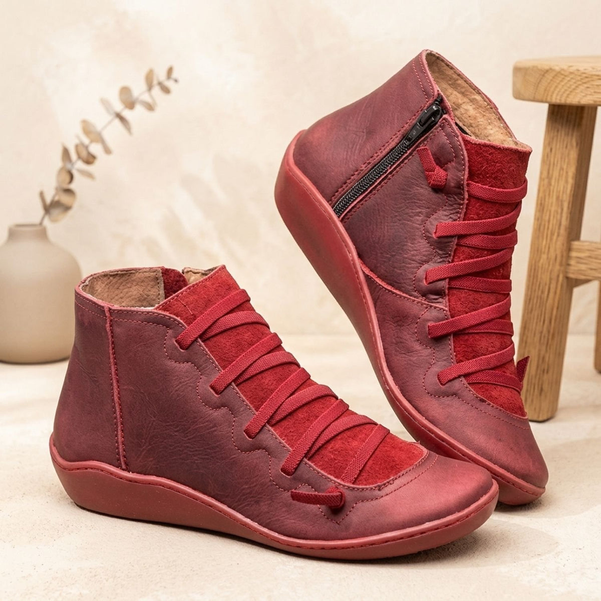 Women's Faux Leather Lace-Up Side-Zip Ankle Boots - Red