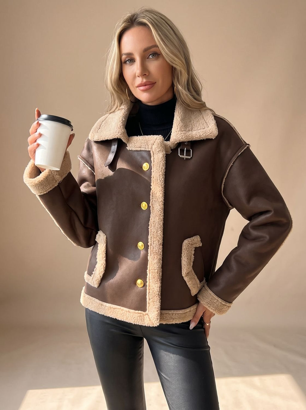 Women's Faux Leather Sherpa-Lined Button-Front Aviator Jacket - Brown