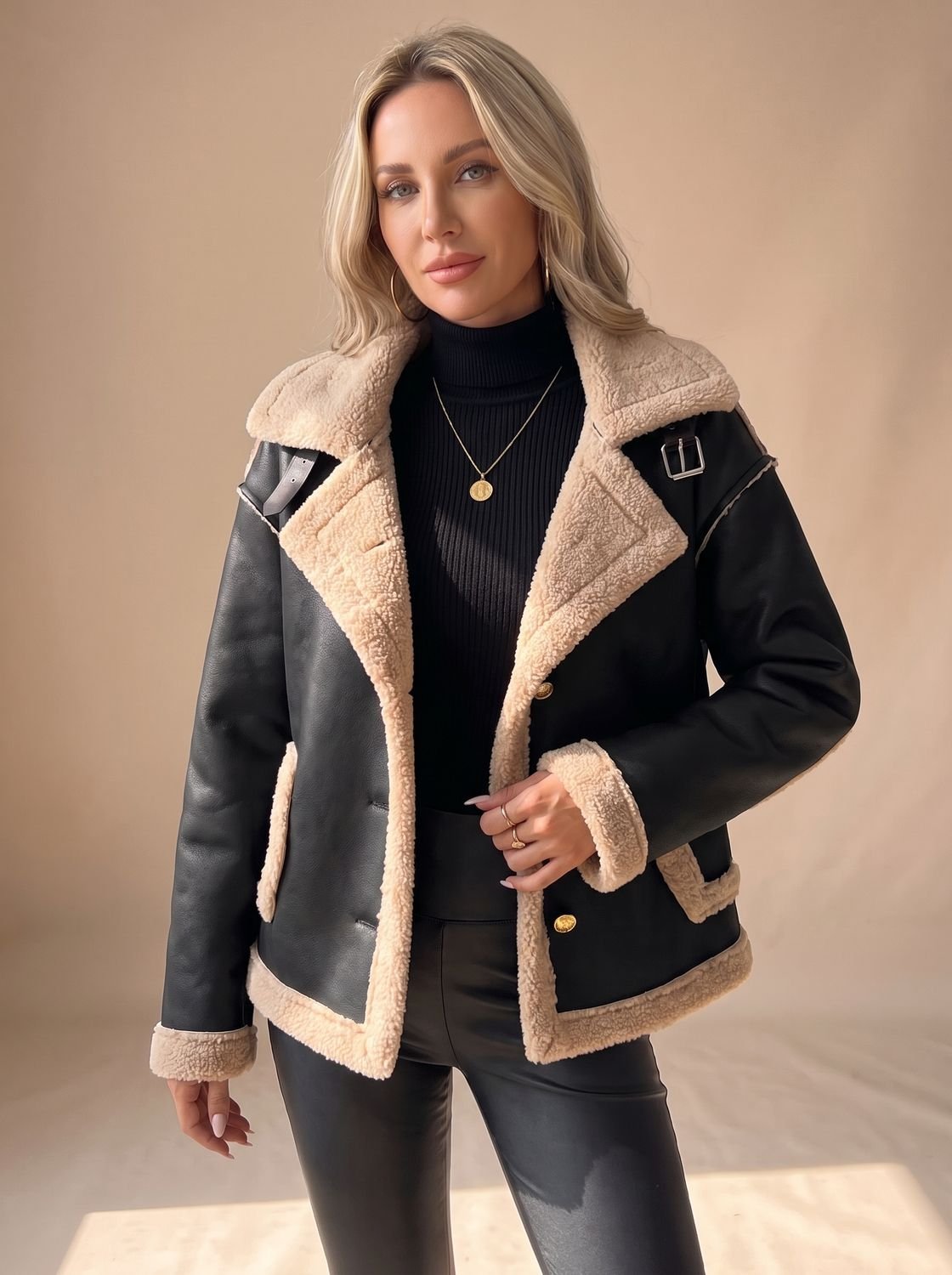 Women's Faux Leather Sherpa-Lined Button-Front Aviator Jacket