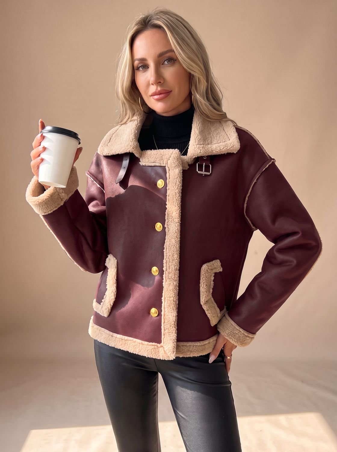 Women's Faux Leather Sherpa-Lined Button-Front Aviator Jacket