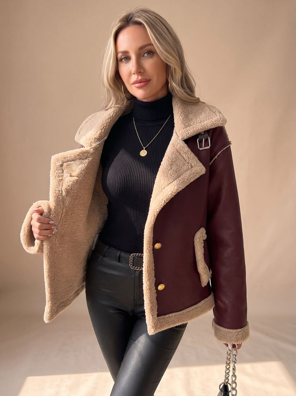 Women's Faux Leather Sherpa-Lined Button-Front Aviator Jacket