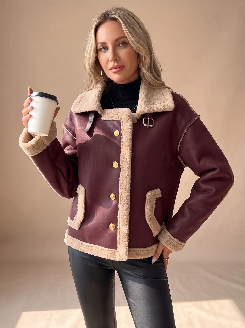Women's Faux Leather Sherpa-Lined Button-Front Aviator Jacket - Red