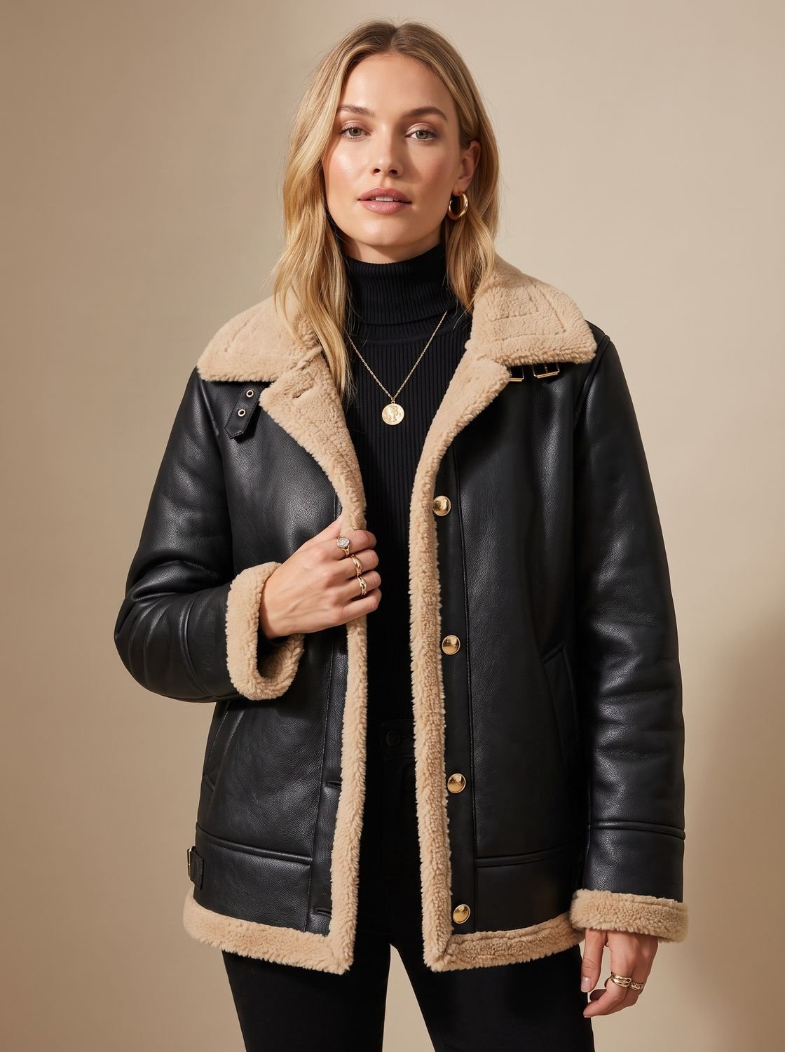 Women's Faux Leather Sherpa-Lined Button-Front Aviator Jacket - Black