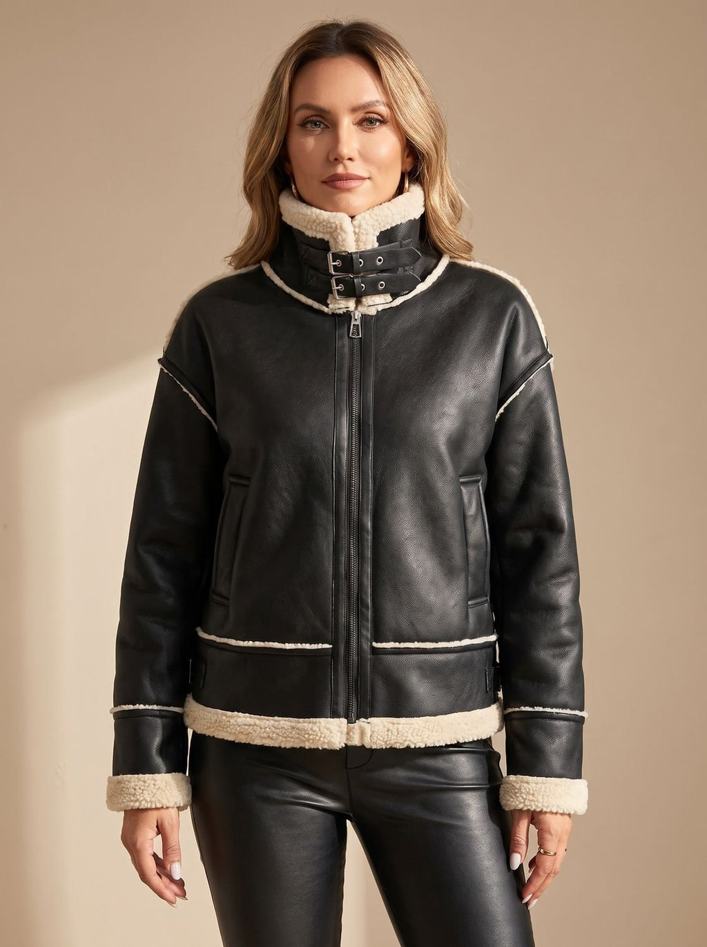 Women's Faux Leather Sherpa-Lined Zip-Up Aviator Jacket