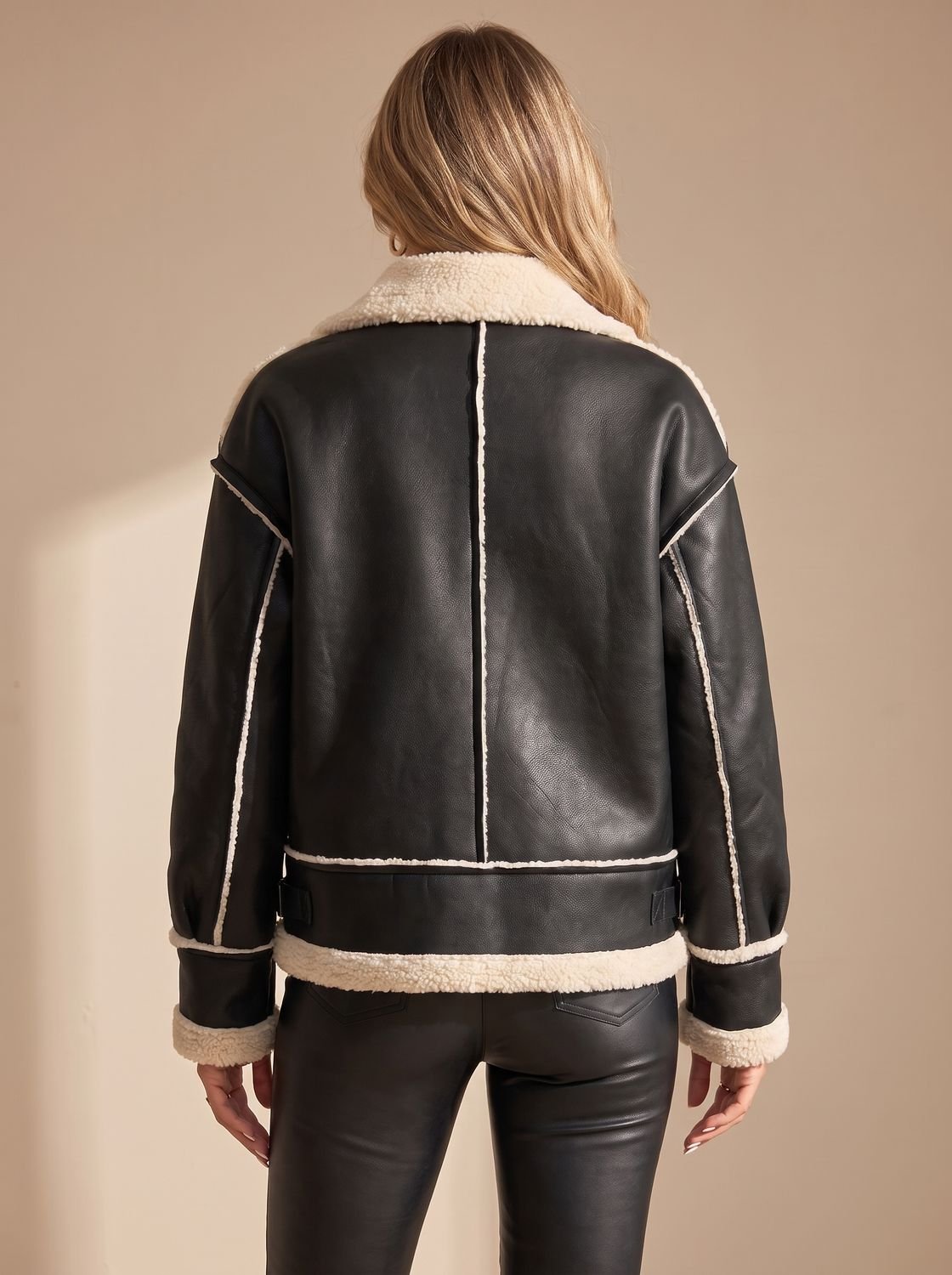 Women's Faux Leather Sherpa-Lined Zip-Up Aviator Jacket