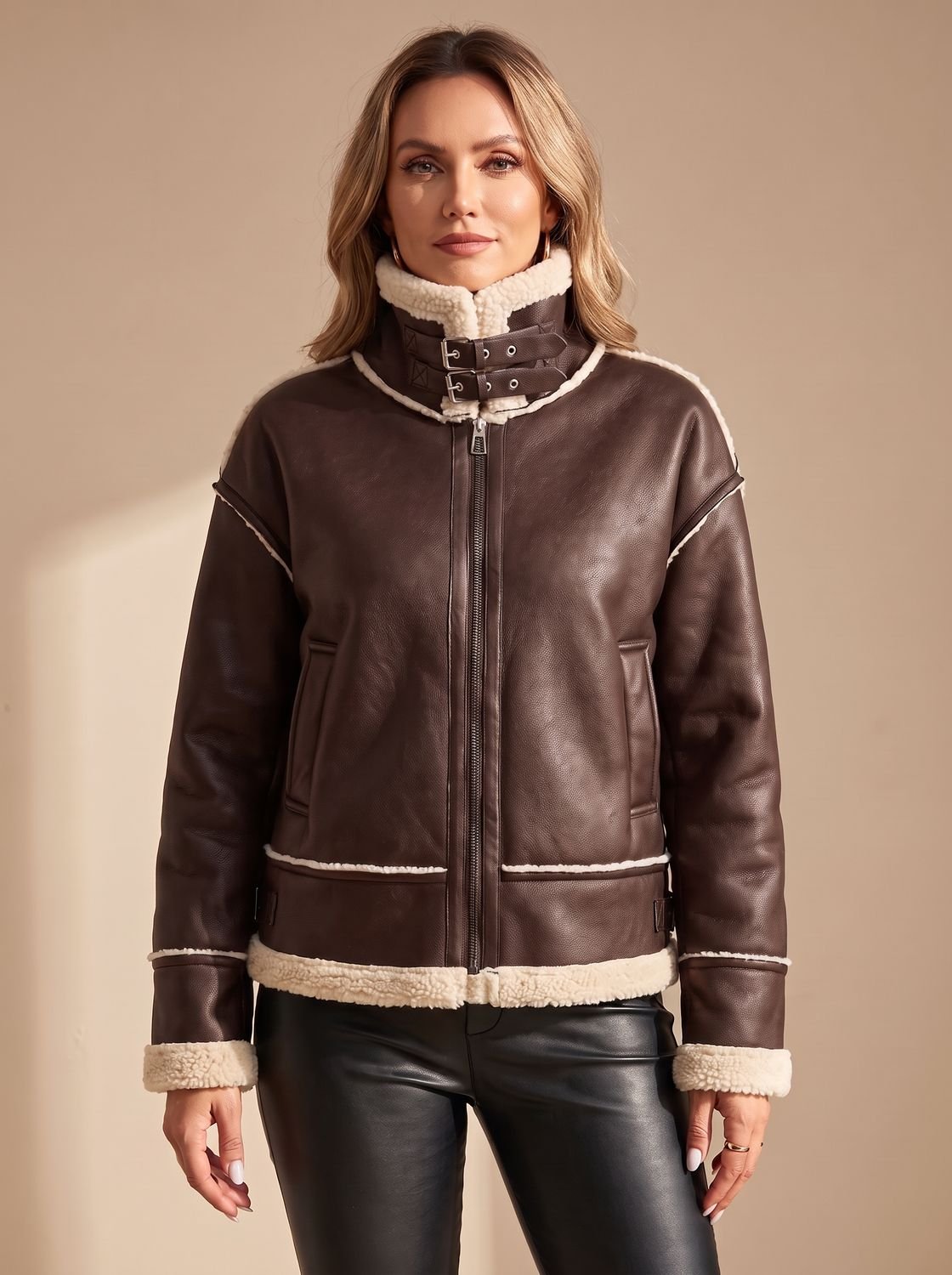 Women's Faux Leather Sherpa-Lined Zip-Up Aviator Jacket