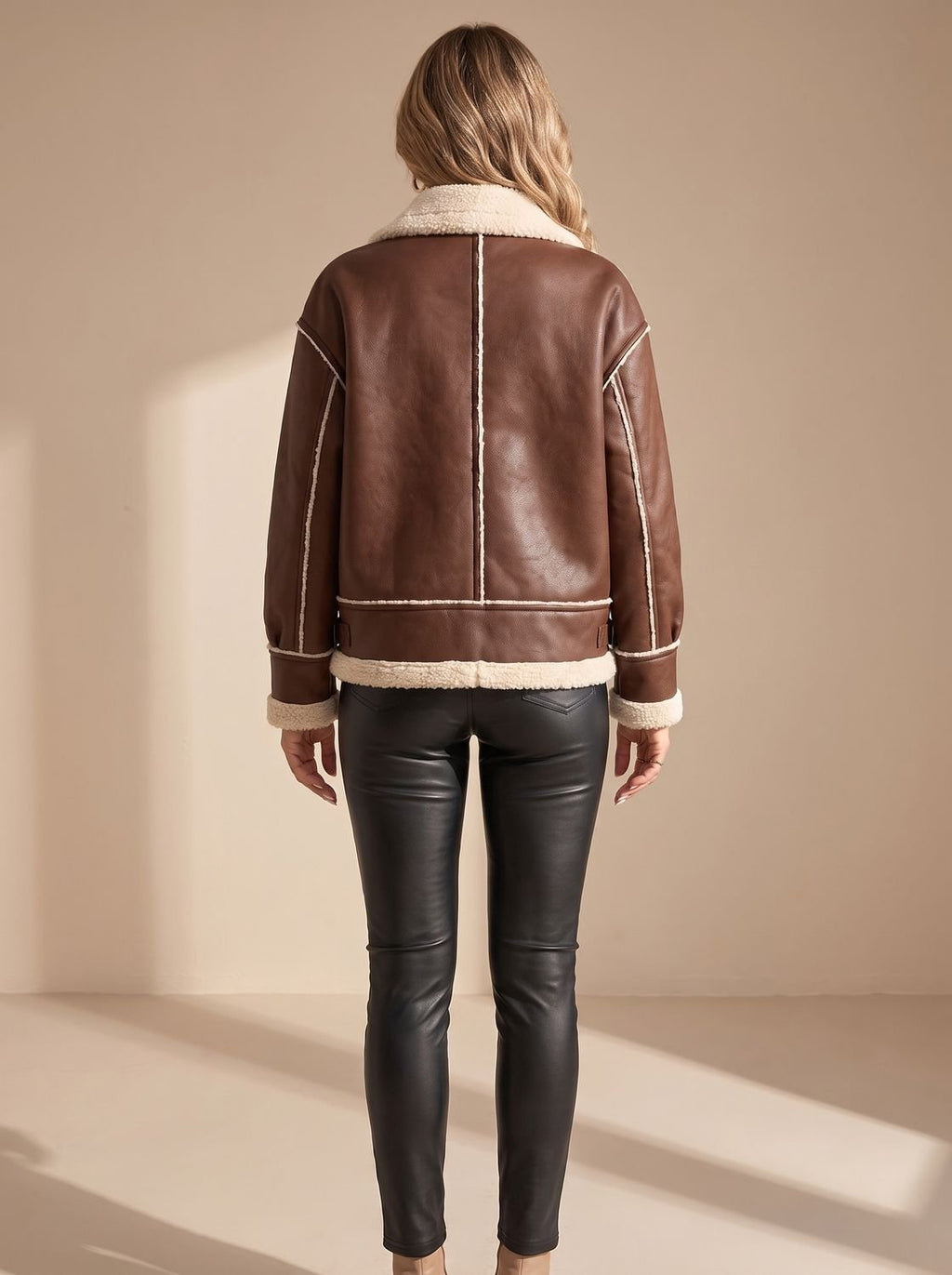 Women's Faux Leather Sherpa-Lined Zip-Up Aviator Jacket