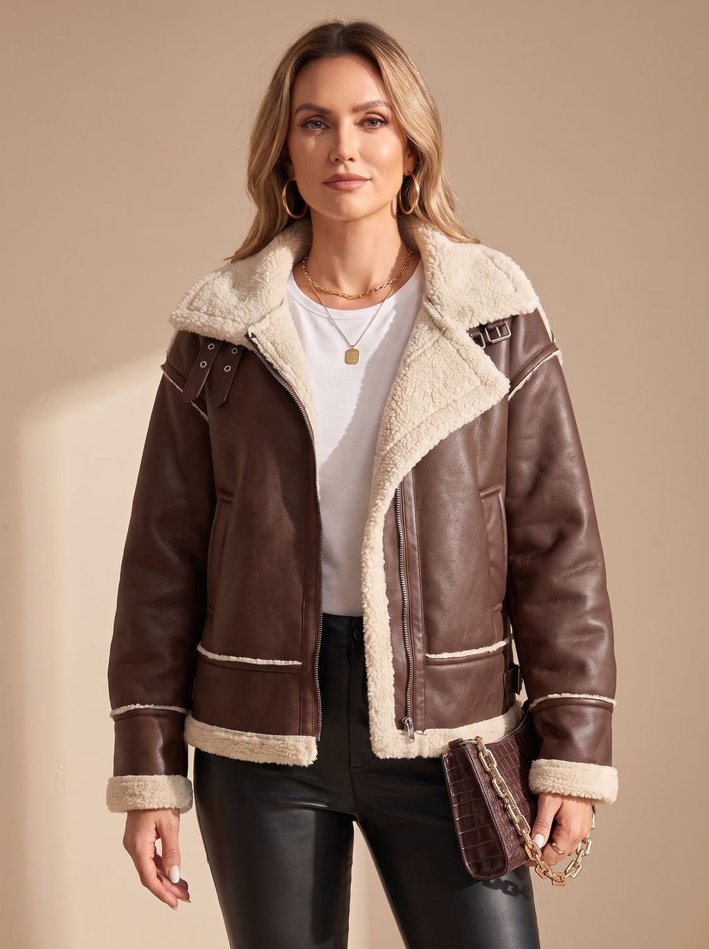 Women's Faux Leather Sherpa-Lined Zip-Up Aviator Jacket