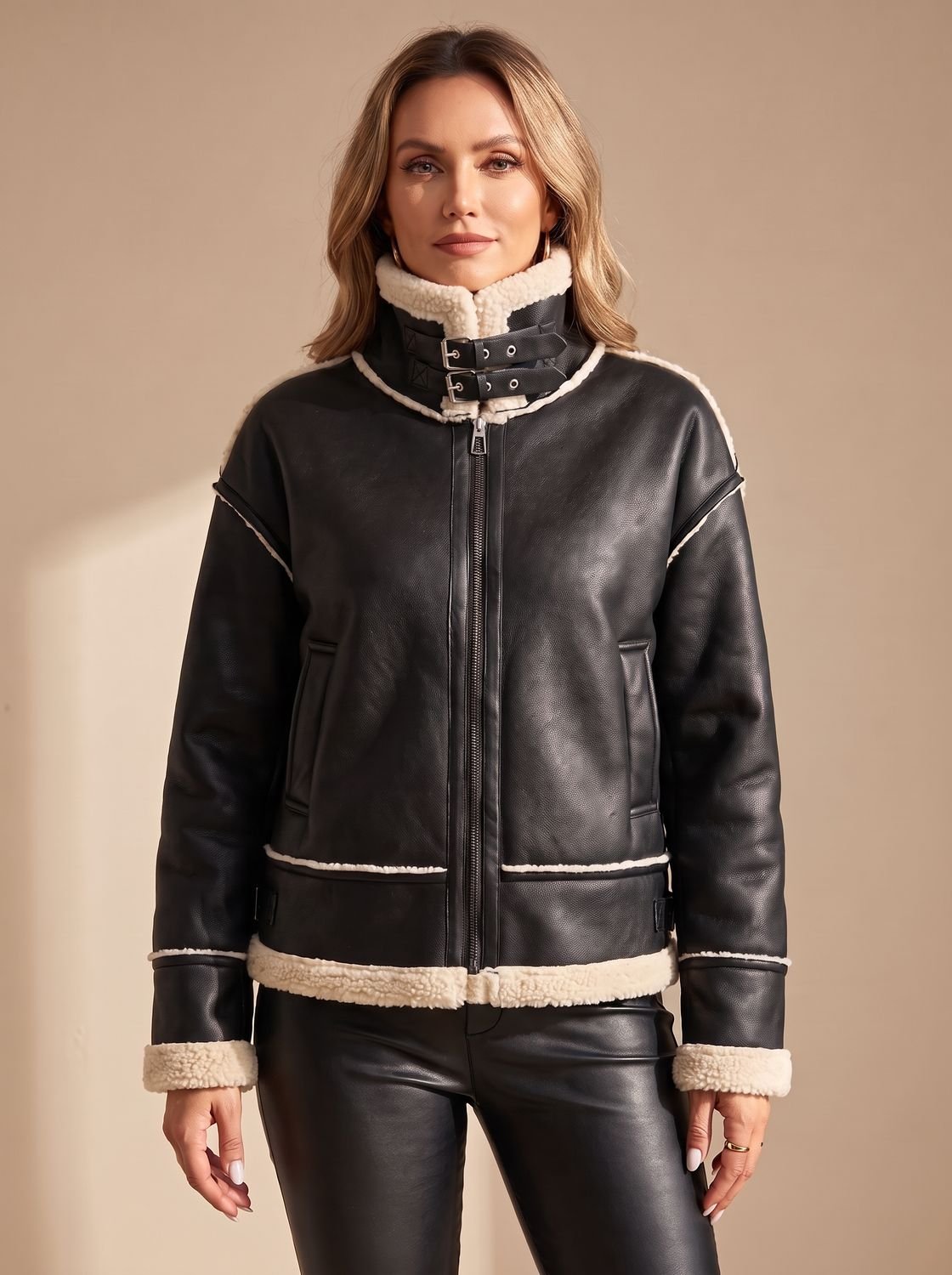 Women's Faux Leather Sherpa-Lined Zip-Up Aviator Jacket - Black