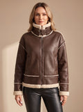Women's Faux Leather Sherpa-Lined Zip-Up Aviator Jacket - Brown