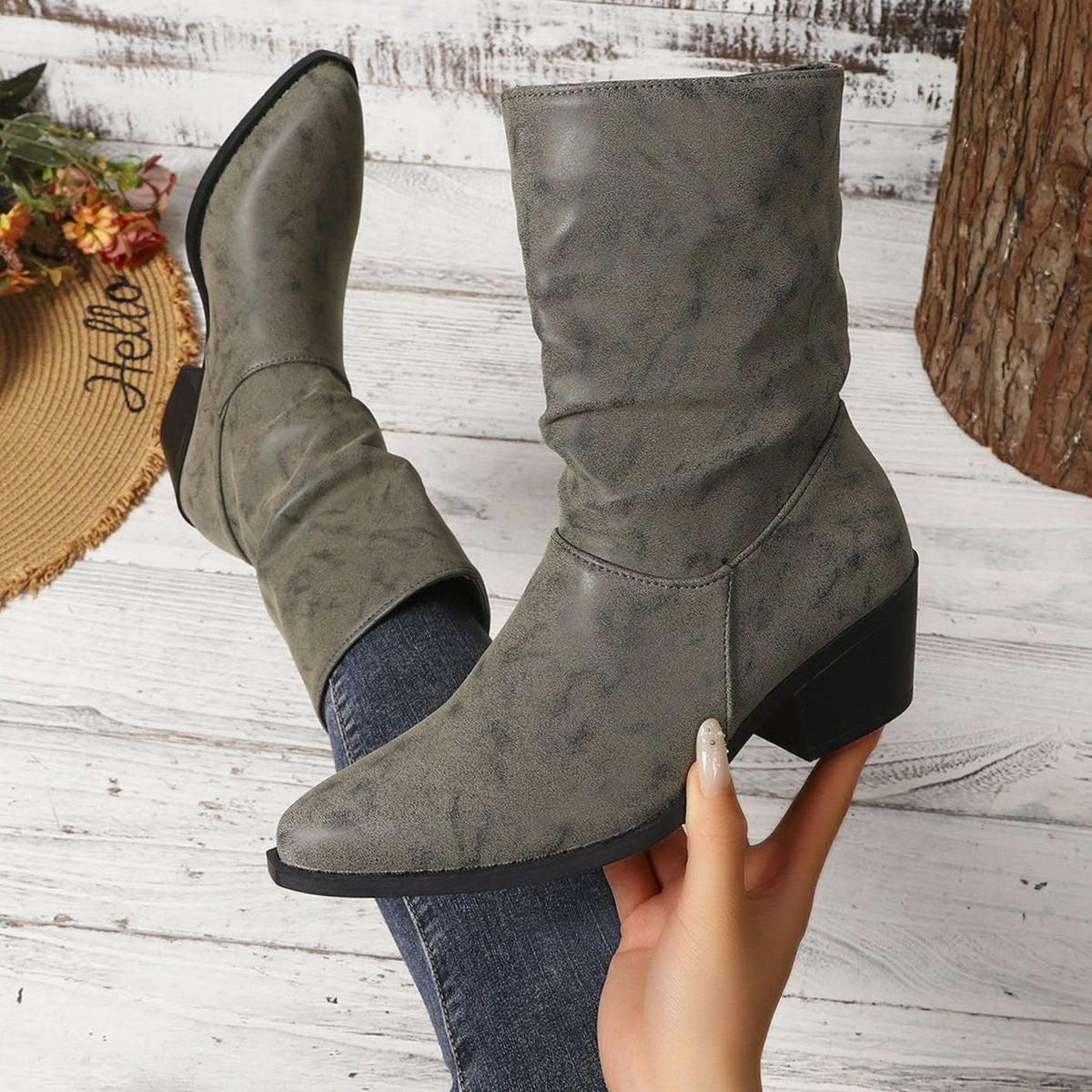 Women's Faux Leather Slouch Block Heel Mid-Calf Boots - Gray