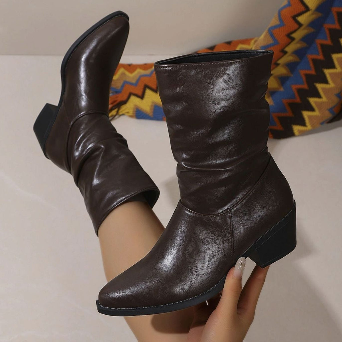 Women's Faux Leather Slouch Block Heel Mid-Calf Boots - Brown
