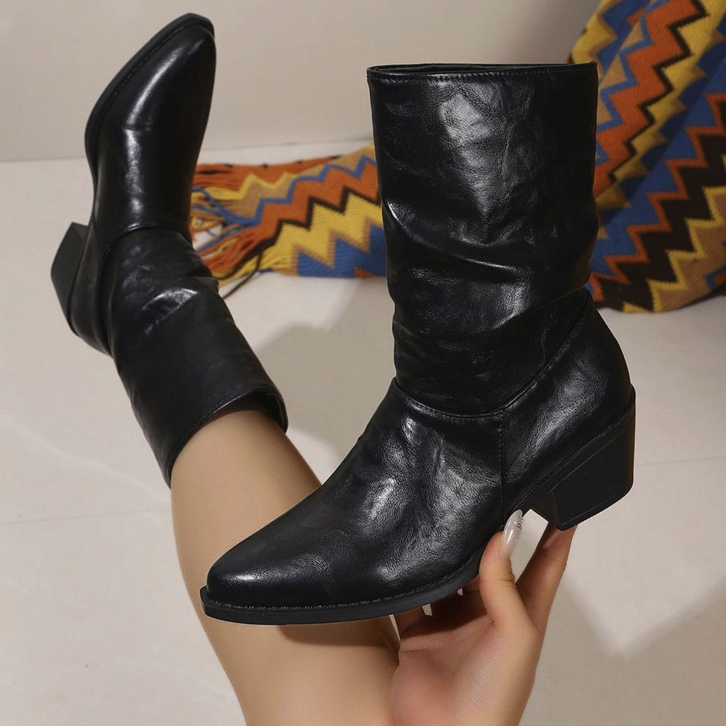 Women's Faux Leather Slouch Block Heel Mid-Calf Boots - Black