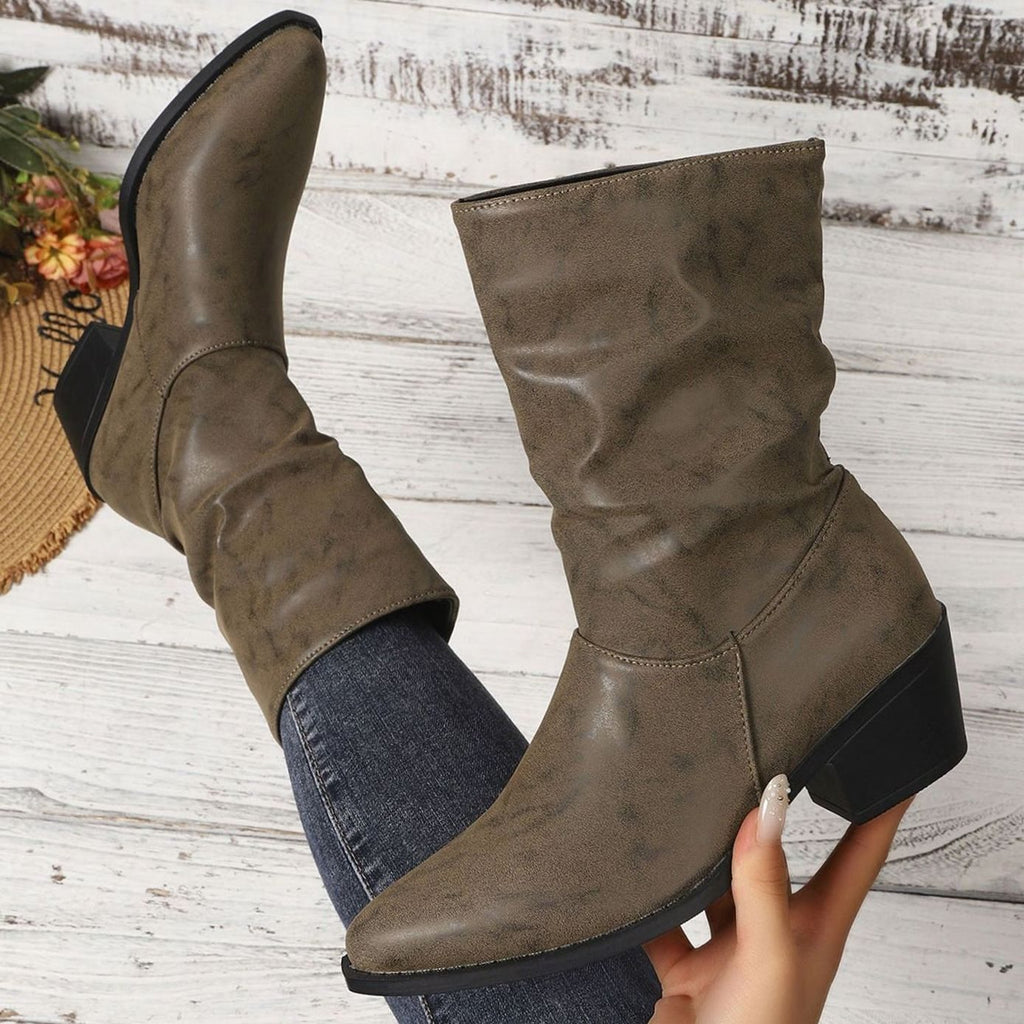 Women's Faux Leather Slouch Block Heel Mid-Calf Boots - Khaki