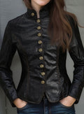 Women's Faux Leather Stand Collar Button-Front Jacket - Black