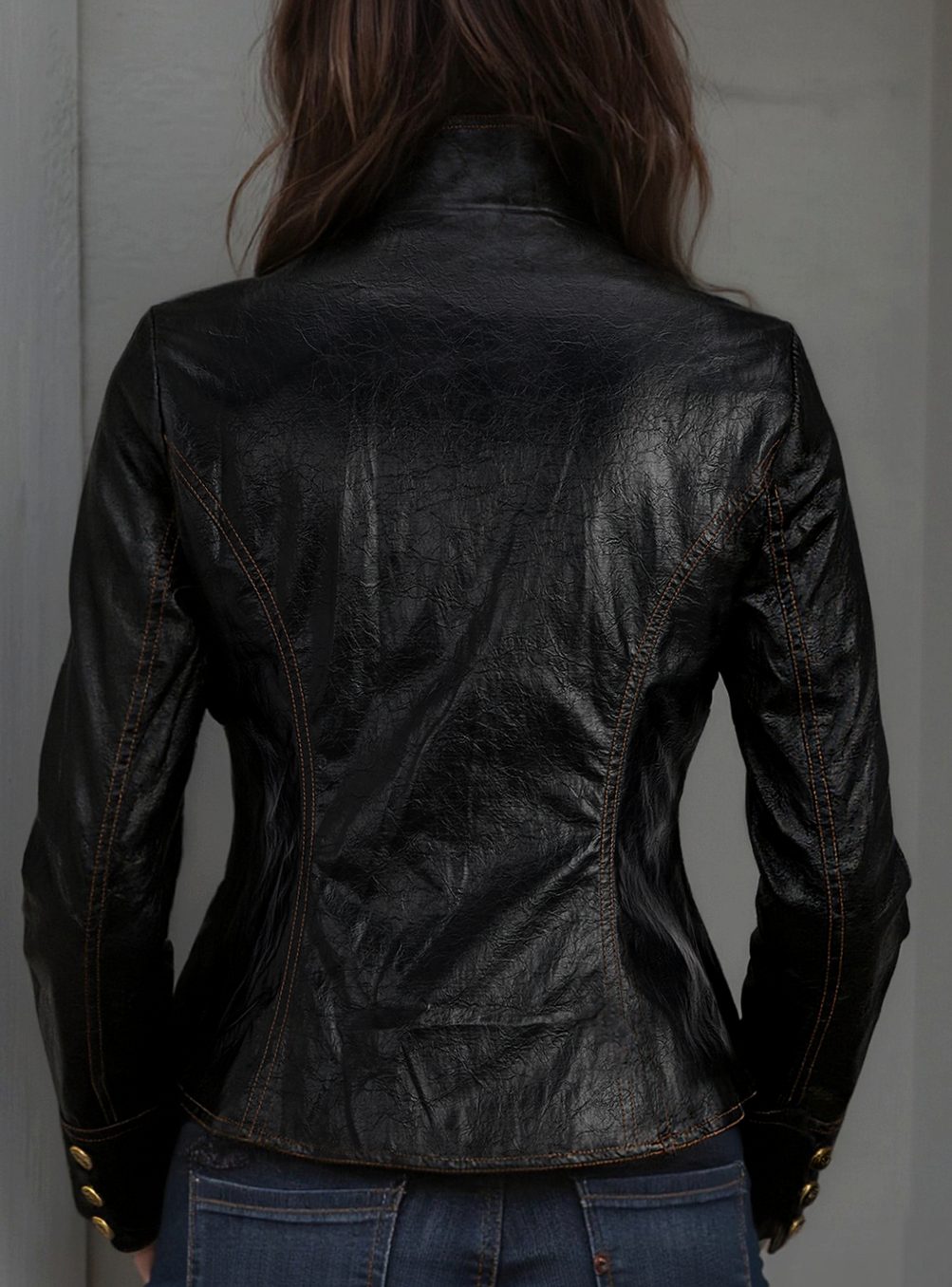 Women's Faux Leather Stand Collar Button-Front Jacket