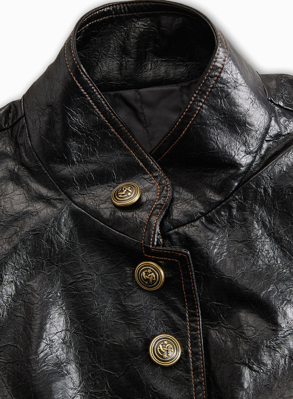 Women's Faux Leather Stand Collar Button-Front Jacket