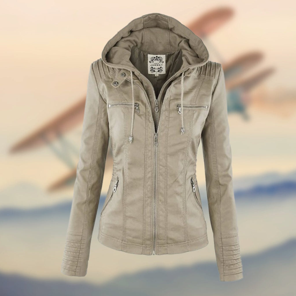 Women's Faux Leather Zip-Up Biker Jacket Ribbed Moto Style - Beige