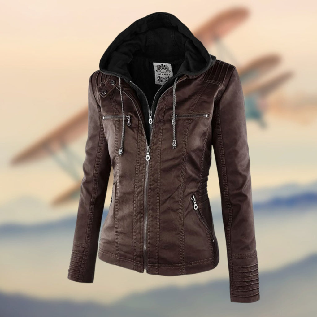 Women's Faux Leather Zip-Up Biker Jacket Ribbed Moto Style - Brown