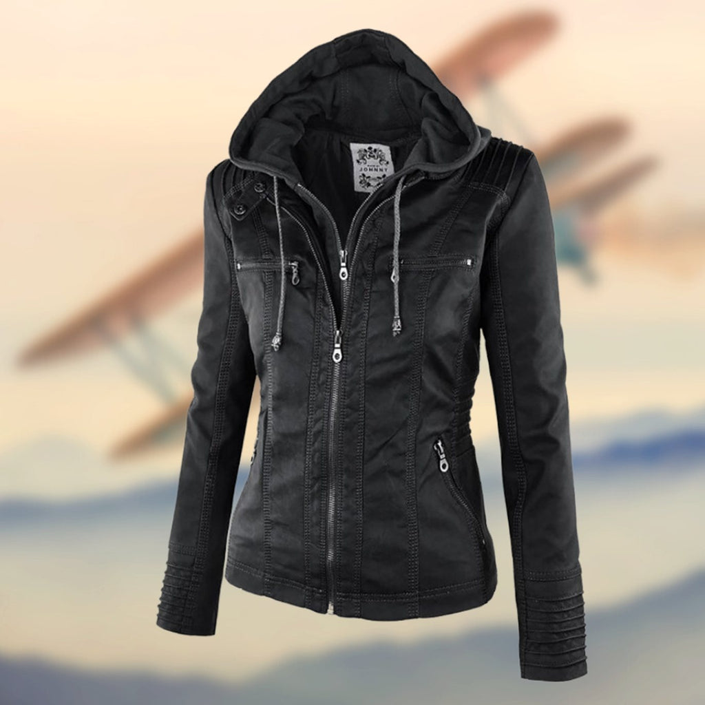 Women's Faux Leather Zip-Up Biker Jacket Ribbed Moto Style - Black