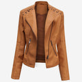 Women's Faux Leather Zipper Front Moto Jacket - Camel