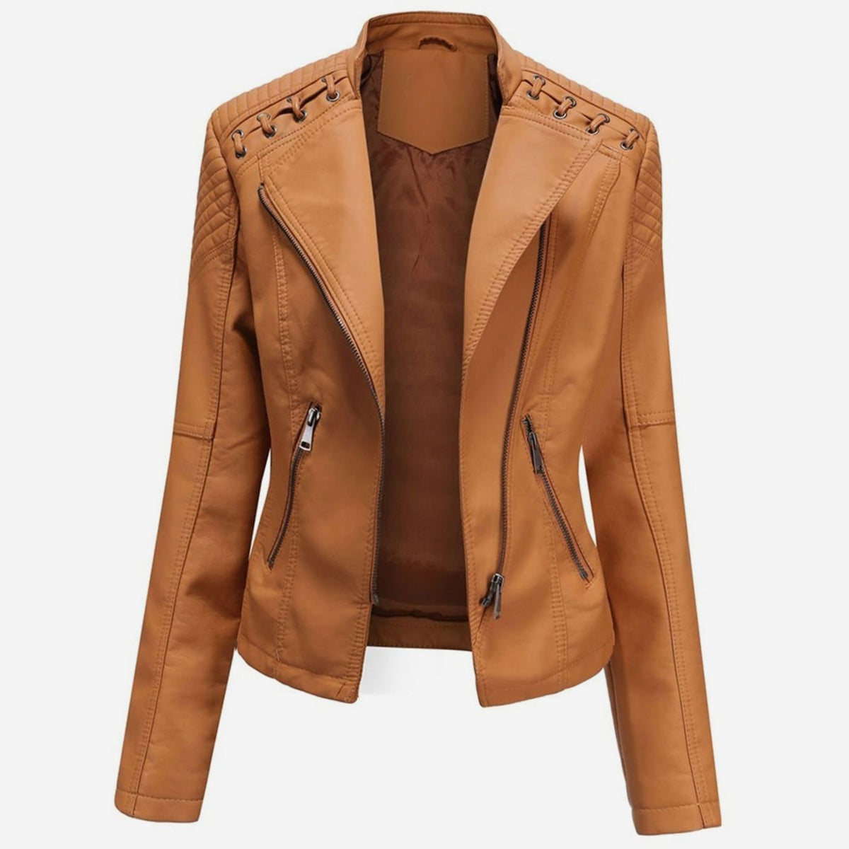 Women's Faux Leather Zipper Front Moto Jacket - Camel