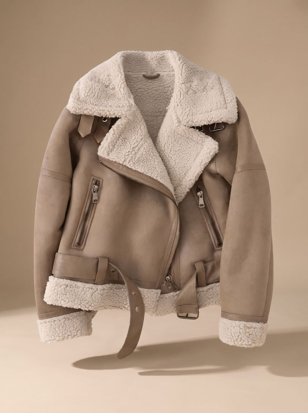 Women's Faux Shearling Aviator Jacket Belted Asymmetric Zip - Brown