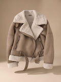 Women's Faux Shearling Aviator Jacket Belted Asymmetric Zip - Brown