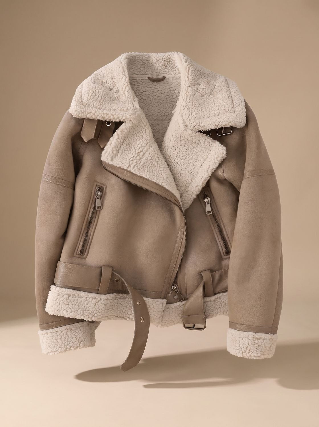 Women's Faux Shearling Aviator Jacket Belted Asymmetric Zip - Brown