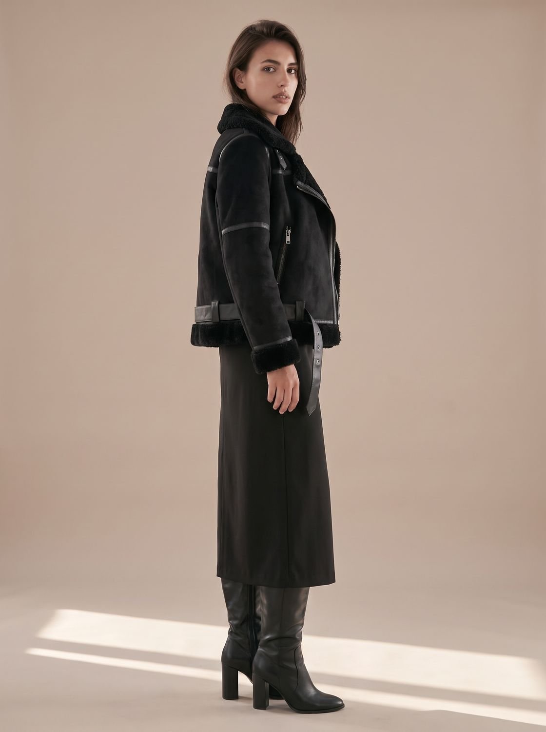Women's Faux Shearling Aviator Jacket Belted Asymmetric Zip