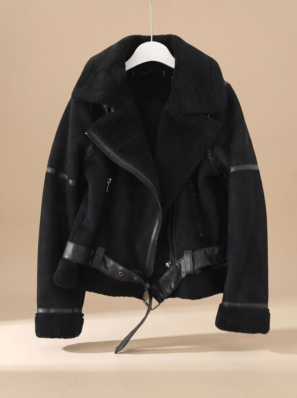 Women's Faux Shearling Aviator Jacket Belted Asymmetric Zip - Black
