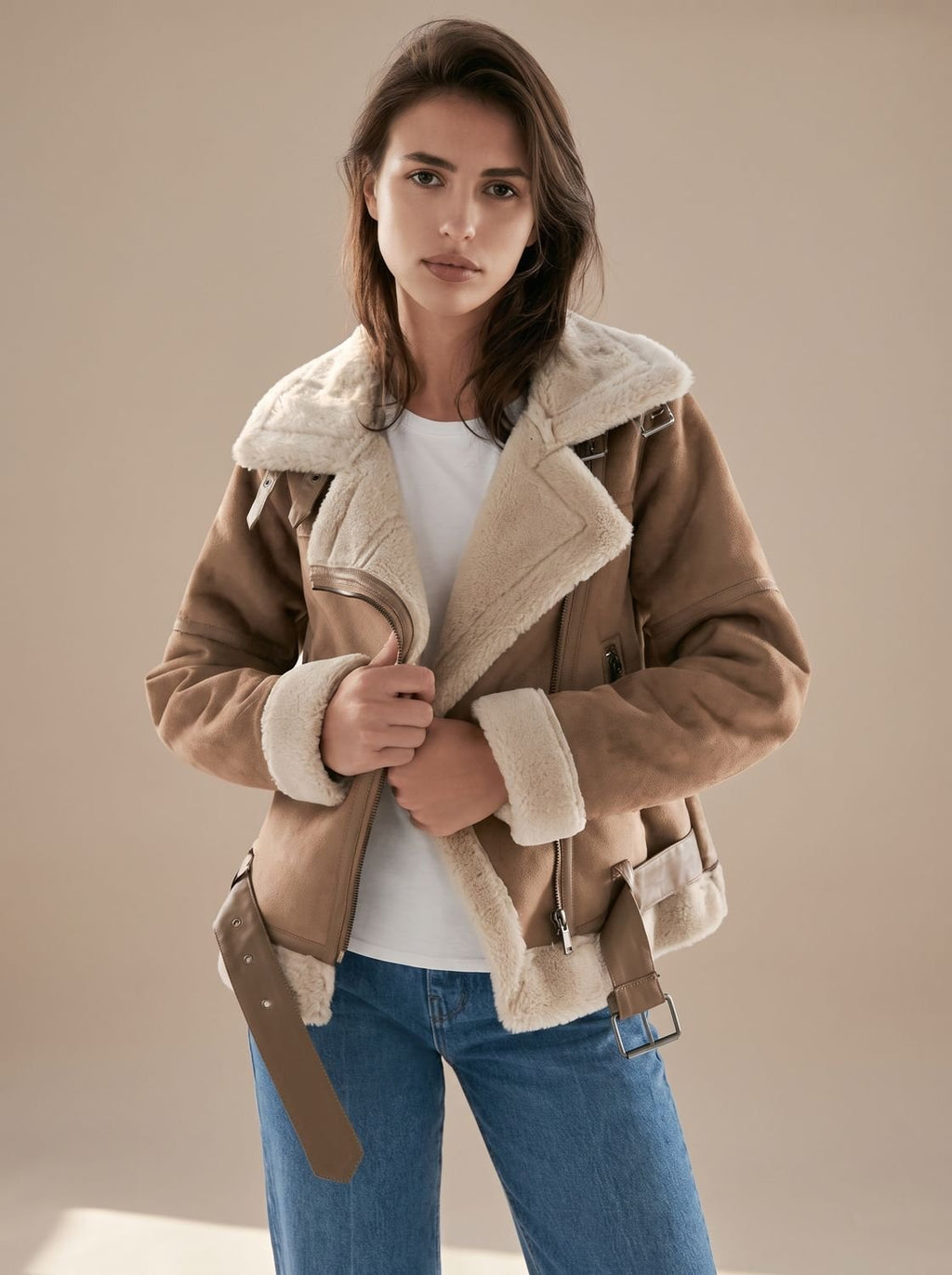 Women's Faux Shearling Aviator Jacket Belted Asymmetric Zip