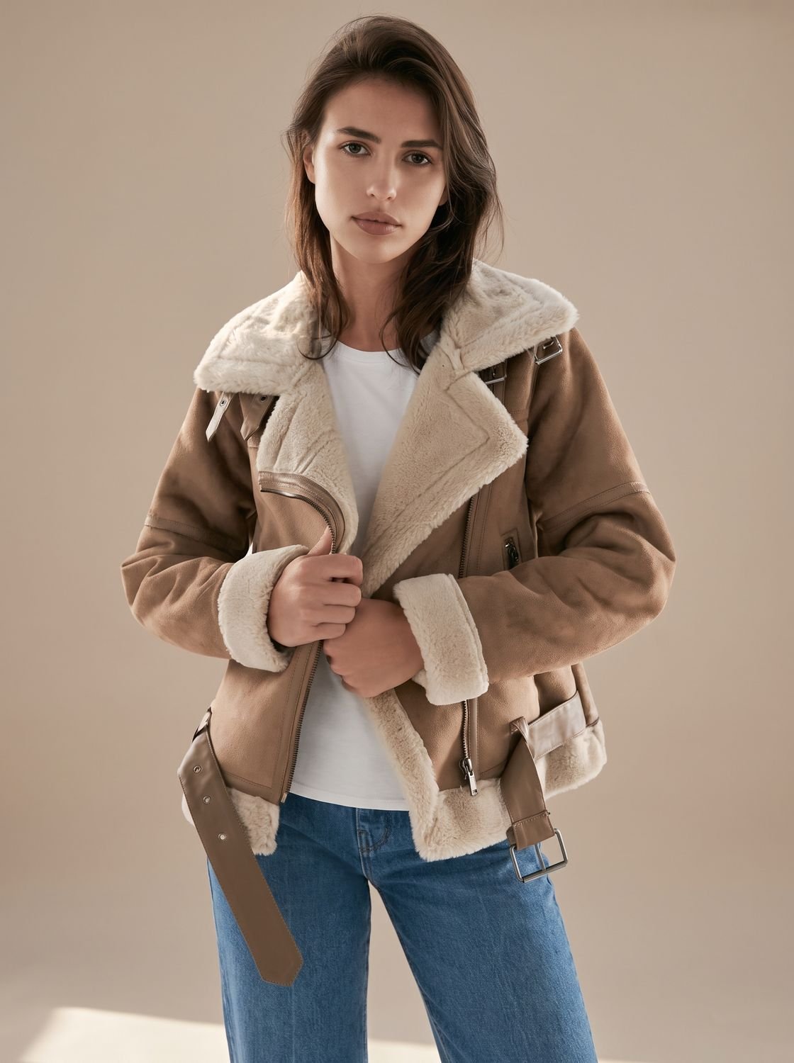 Women's Faux Shearling Aviator Jacket Belted Asymmetric Zip