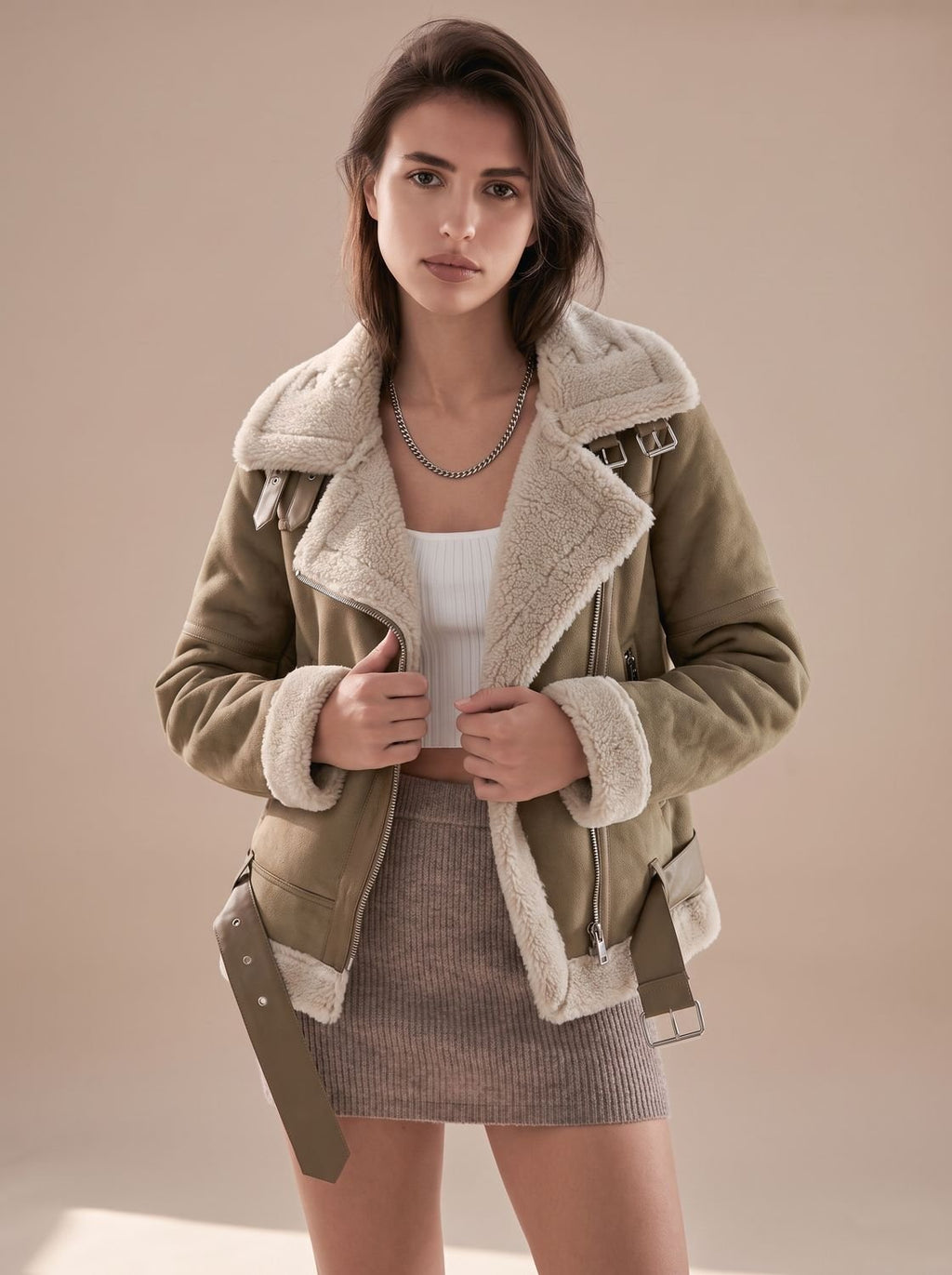 Women's Faux Shearling Aviator Jacket Belted Asymmetric Zip