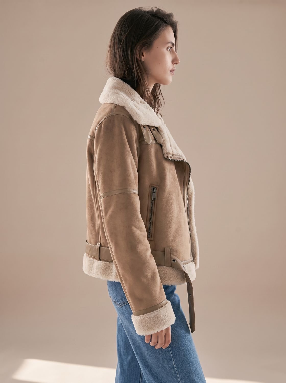 Women's Faux Shearling Aviator Jacket Belted Asymmetric Zip