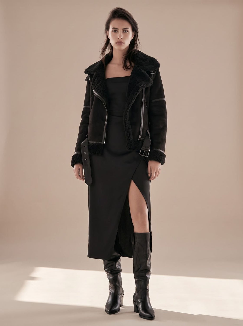 Women's Faux Shearling Aviator Jacket Belted Asymmetric Zip