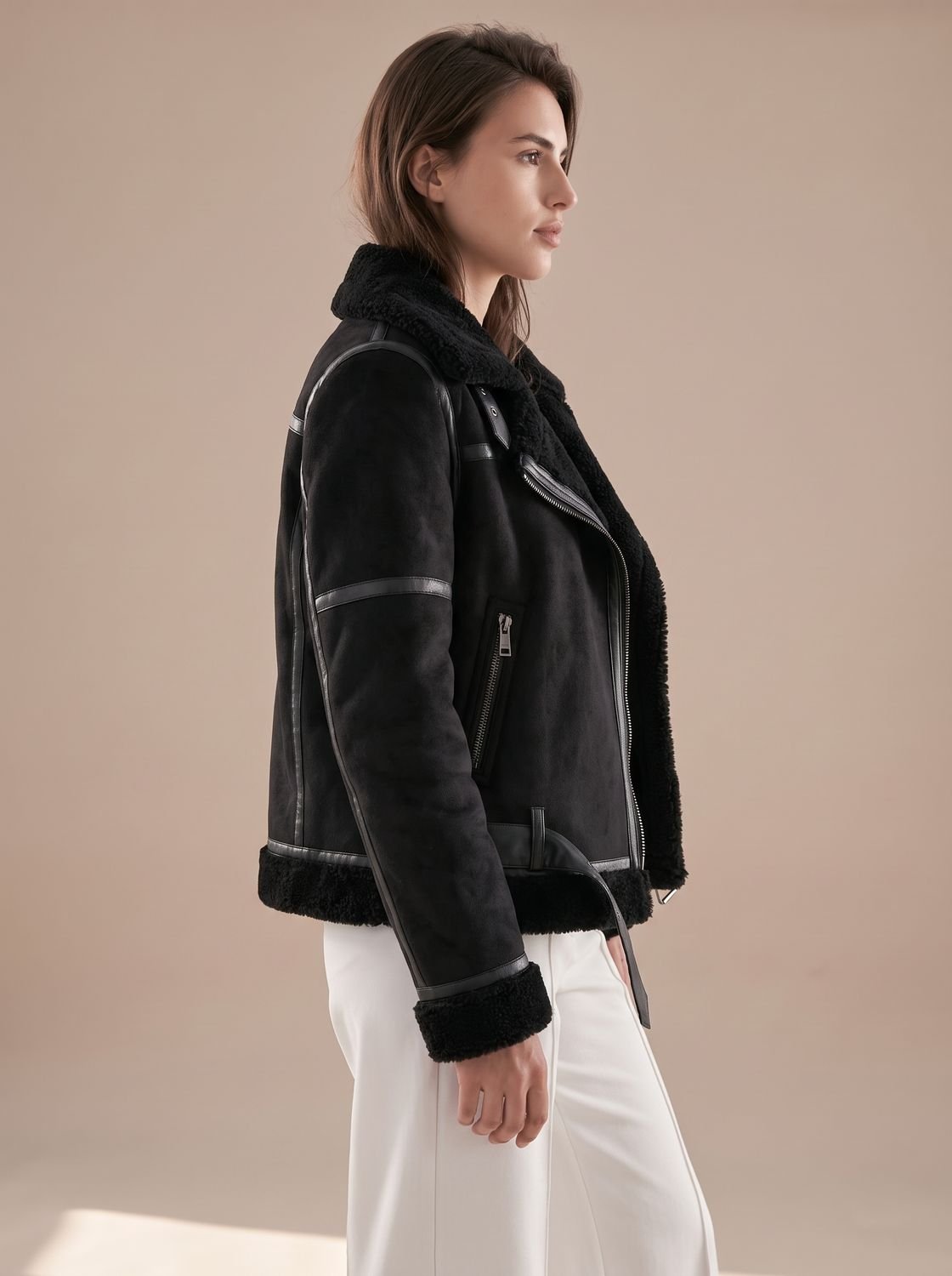Women's Faux Shearling Aviator Jacket Belted Asymmetric Zip