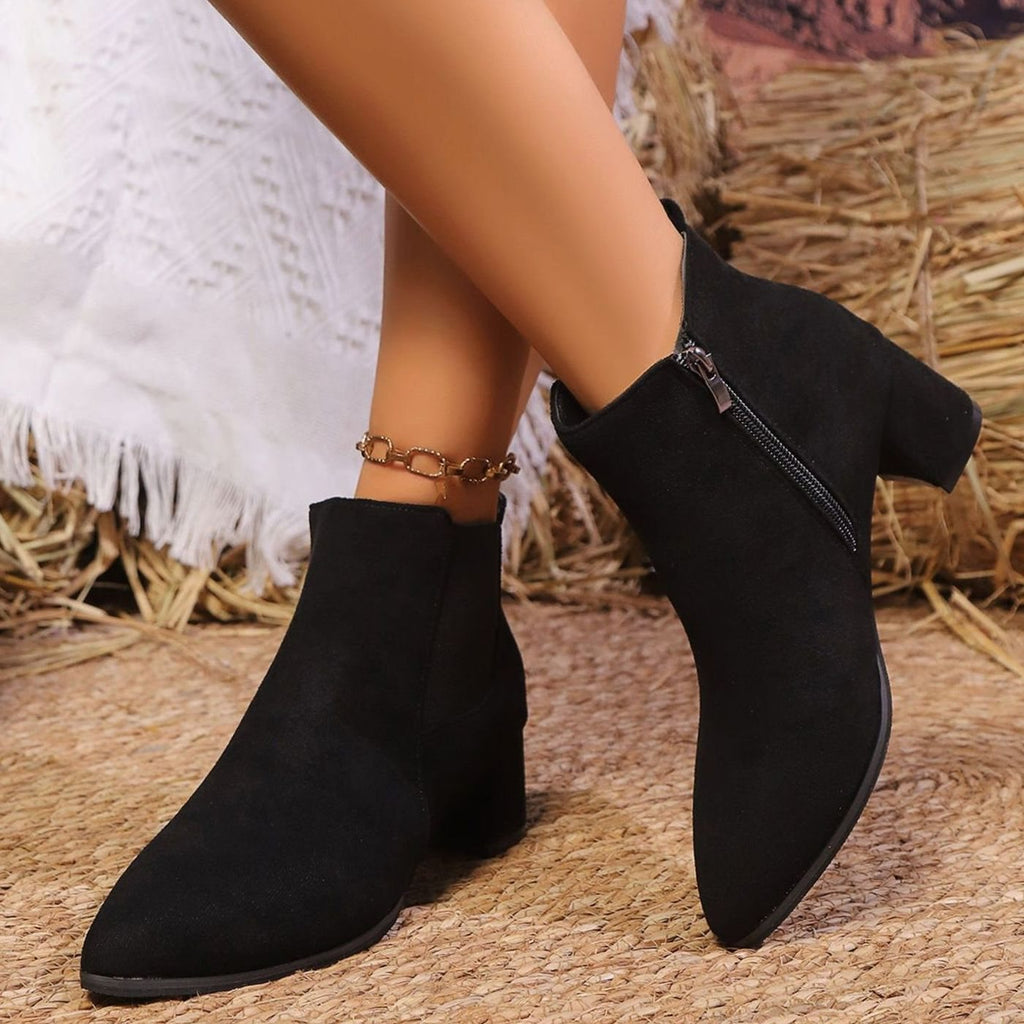 Women's Faux Suede Block Heel Side-Zip Ankle Boots