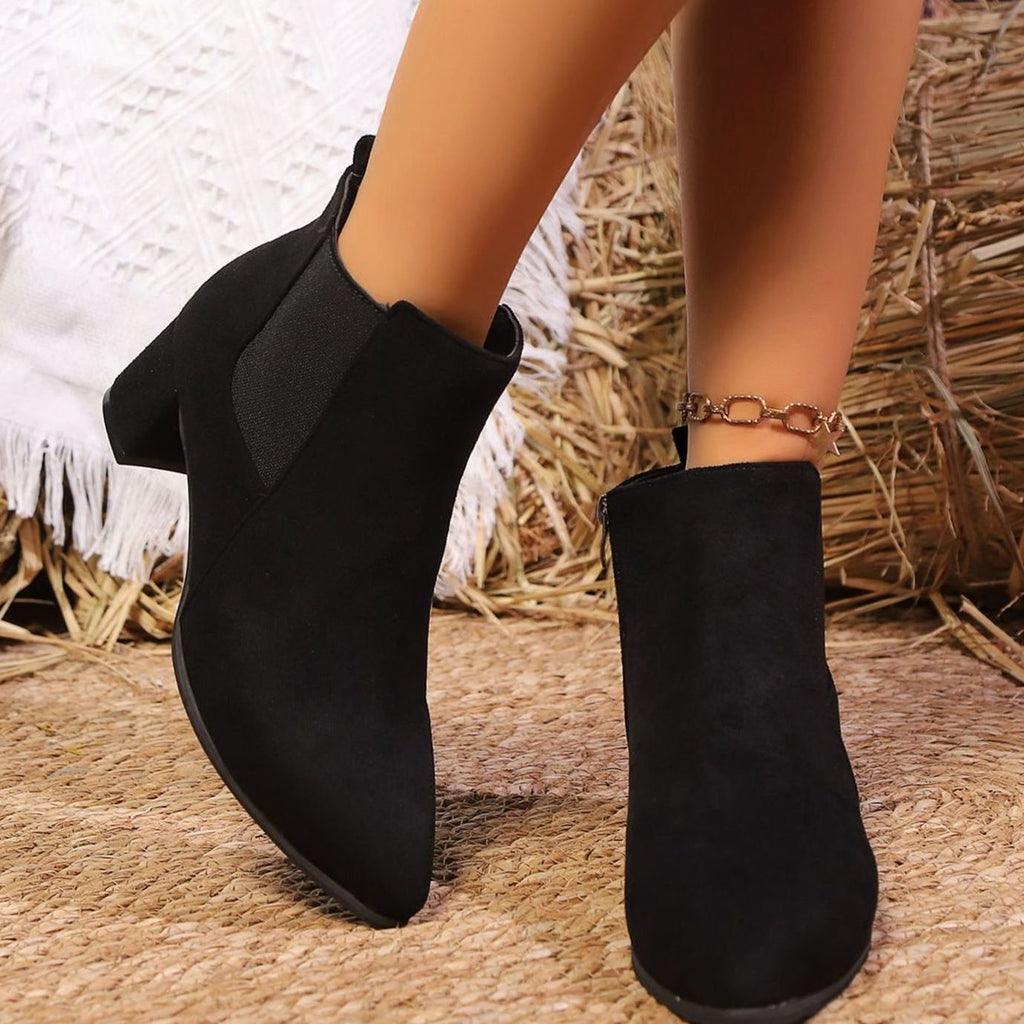Women's Faux Suede Block Heel Side-Zip Ankle Boots - Black