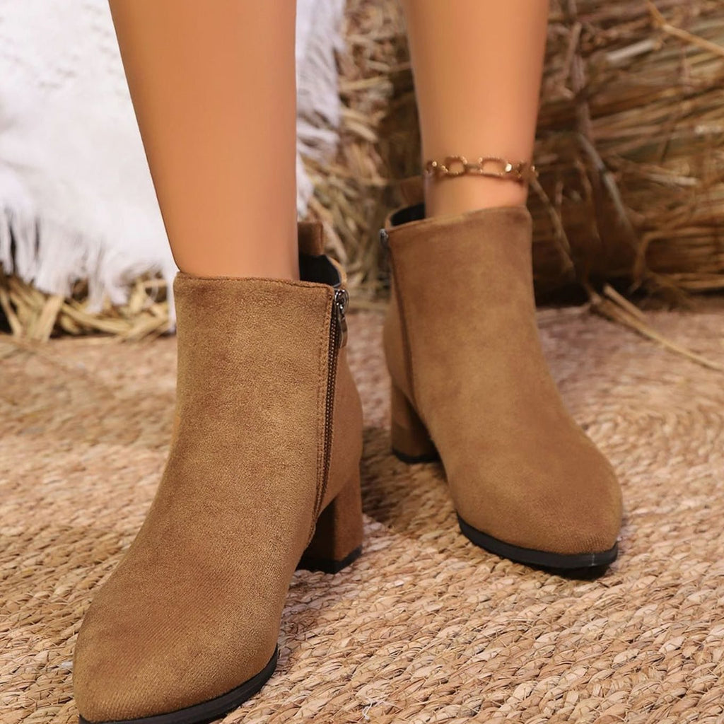 Women's Faux Suede Block Heel Side-Zip Ankle Boots - Brown