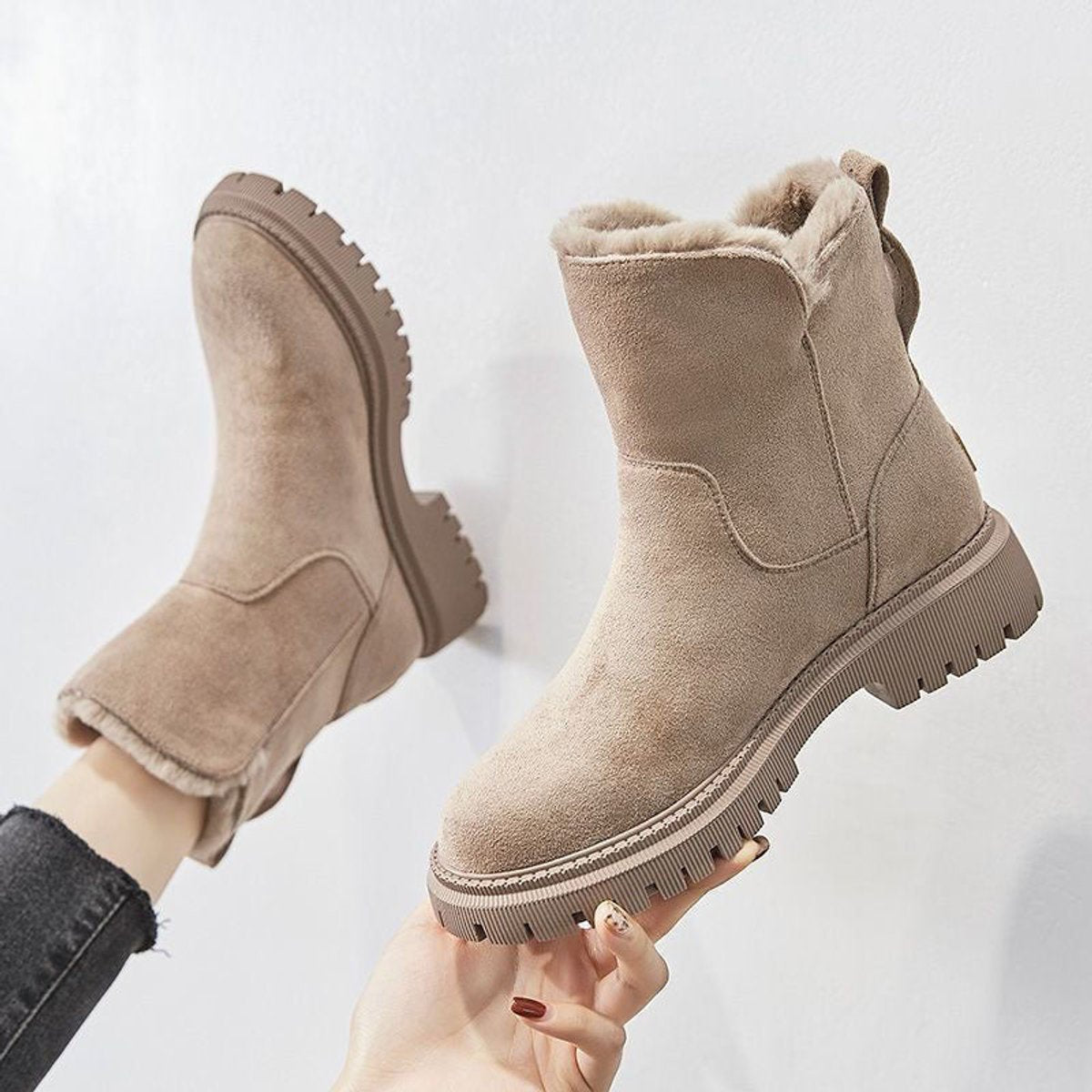 Women's Faux-Suede Fleece-Lined Slip-On Ankle Boots - Beige